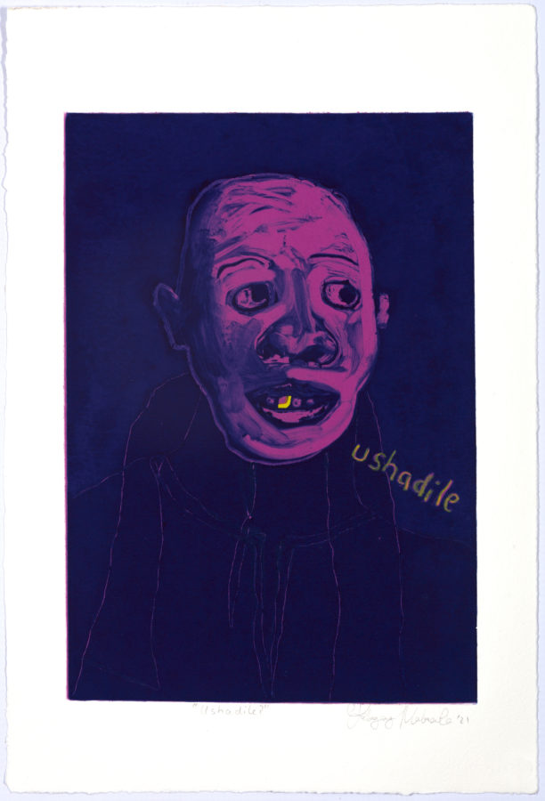 Lebogang Mogul Mabusela, Ushadile?, 2021
 2-layer Oil based monotype, 39.4 x 26.9 cm 